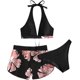 thumbnail image 1 of Traje de baño de 3 piezas para mujer Traje de baño Estampado floral con cordones Halter Top Bikini con pantalones cortos Rosa grande, 1 of 5