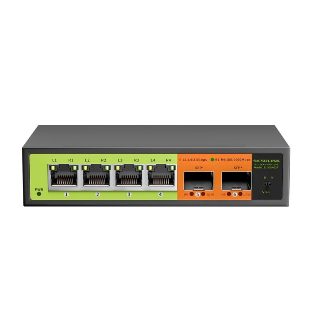 Sicsolink Conmutador Ethernet 2.5G De 6 Puertos 4 Puertos De 2.5 Gb Con Enlace Ascendente Sfp De 2 X 10 Gb Plug & Play No Administrado Escritorio/Montaje En Pared Diseño De Metal Sin Ventilador Compat