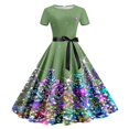 thumbnail image 4 of Nafuu Women Dress Colorful Print Short Sleeve Casual Elegant Style Flowy A Line Mini Party Wear Holiday Festive Outfit Leisure Home Sundress,Green, 4 of 4