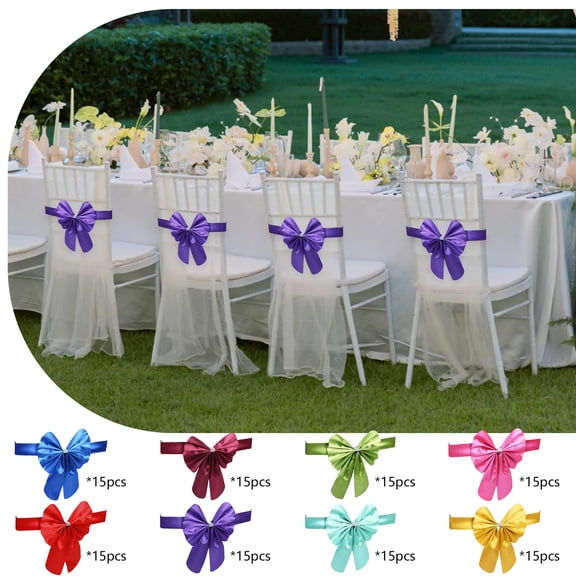 15pcs Tie-Free Bow Chair Sashes - Round-Corner PPC Chair Back Decor for Weddings, Hotels & Holidays, Durable Material, Easy to Attach, Enhances Party & Event Decor, Purple