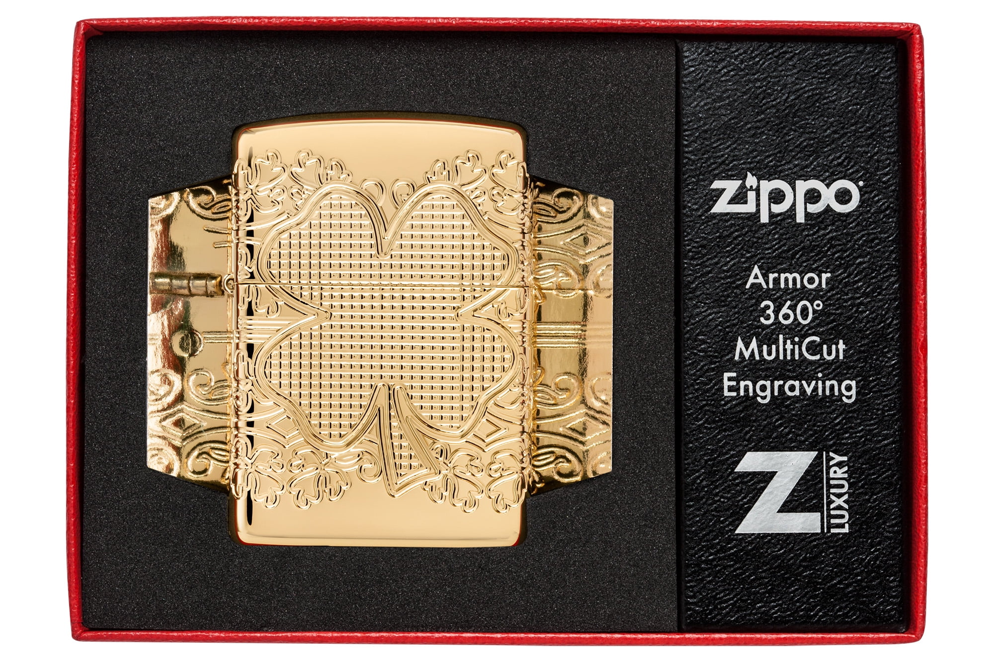 Zippo Lucky Clover Design Armor High Polish Gold Plate Pocket Lighter