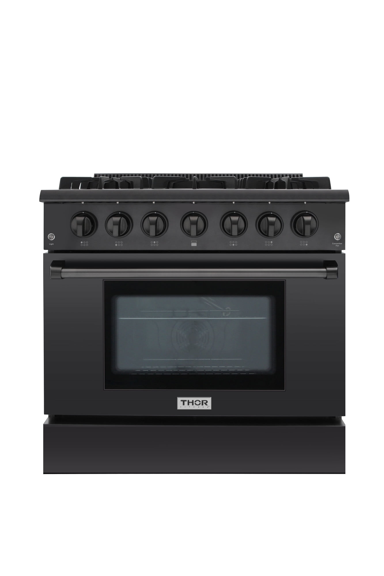 New Thor Kitchen 36 Pro-Style Gas Range HRG3618-BS with 5.2 cu.ft Convection Oven in Black Stainless Steel Cast-Iron Reversible Griddle 6 Burners & Cast Iron Grates 