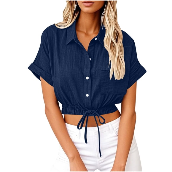 Ymauqau Women's Cropped Button down Shirts Cotton Linen Short Sleeve Collared Elastic Tie Drawstring Crop Tops Trendy Casual Blouses