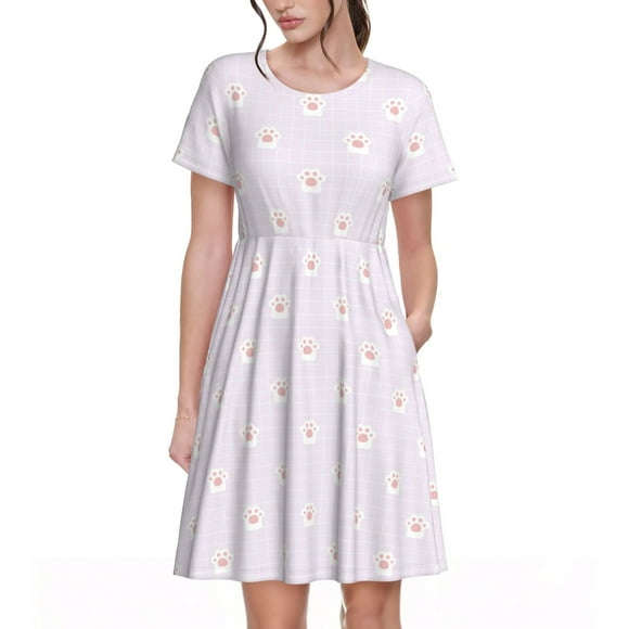 Gaeub Kawaii Cat Paw Print Womens Dresses,Casual Short Sleeve Tunic,Summer Midi Dress for Women,Women's Short sleeve Dress