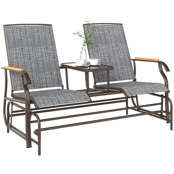Banco Mecedor Doble para Patio con Mesa, Silla de Jardín para 2 Personas con Asientos de Malla, Estructura de Acero para Exterior, Gris