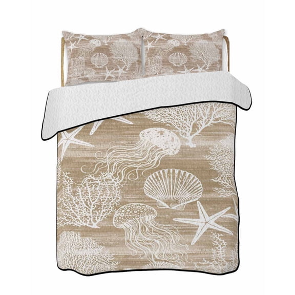 Quilts Twin-XL Size Bedding Set, Brown Coastal Lightweight Quilted Comforter, Nautical Starfish Coral Jellyfish Shell Sea Soft Bedspread Coverlet with Pillow Covers for All Season, 68" x 98"