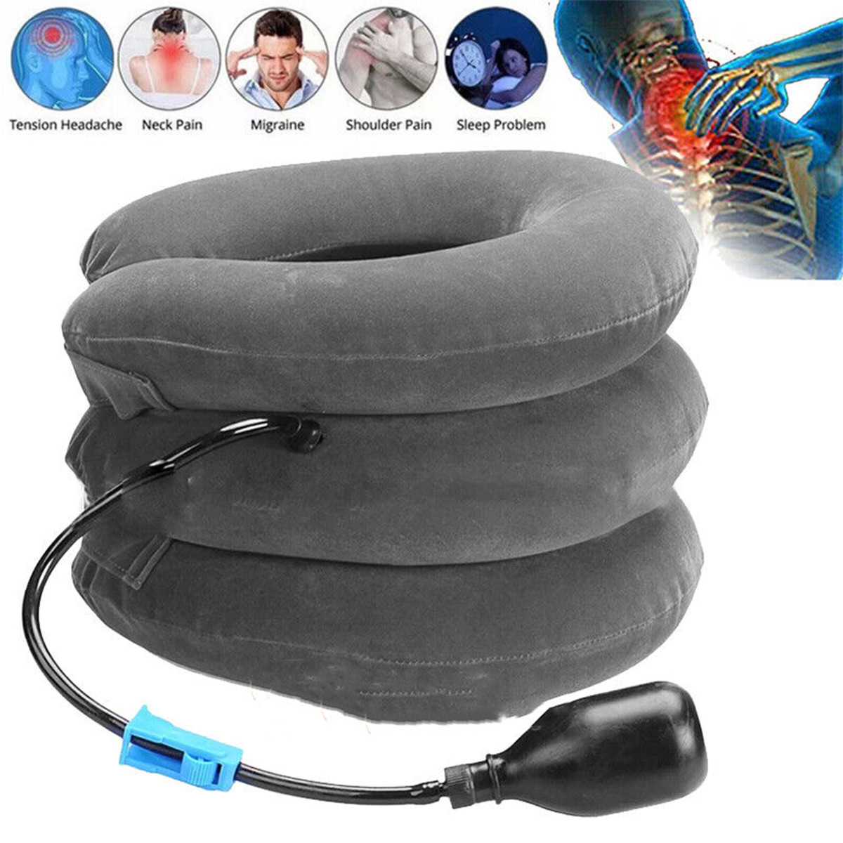 Neck Traction Pillow for Neck Pain Relief, Adjustable Inflatable Neck