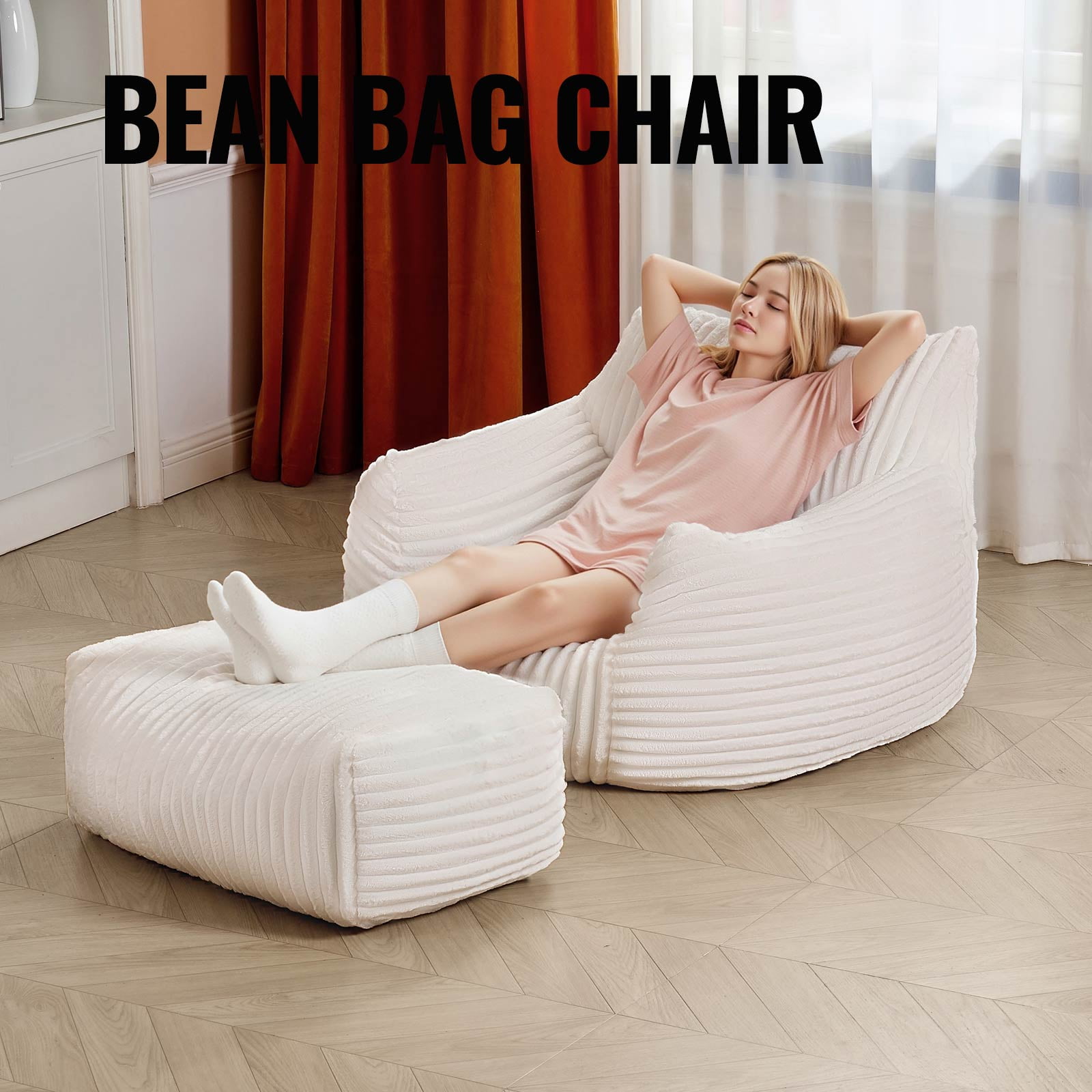 Bean Bag Chair with Ottoman,Big Bean Bag Chairs for Adults with Filling,Lazy Floor Chair with Back Support,Memory Foam Sofa Giant Beanbag Chair for Bedroom Livingroom