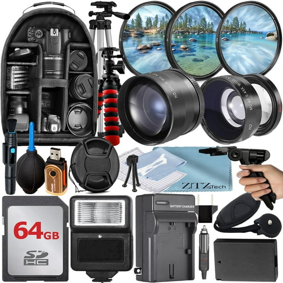 49mm Accessory Bundle for Canon EOS: R50, R100, M5, M6 Mark II, M6   LP-E17 Battery   64GB Memory Card   Battery Charger   Wide Angle   Telephoto Lens   Backpack   Tripod   Flash   More (28pc Bundle)