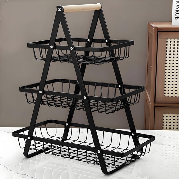 ASTOTSELL 3 Tier Countertop Fruit Basket with Wood Handle, Kitchen Storage Organizer for Fruits, Vegetables, Snacks - Detachable Rectangular Basket for Pantry, Dining Table - Black