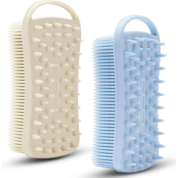 2 PC Silicone Exfoliating Body Scrubber, 2 in 1 Silicone Body Shampoo Brush, Soft Silicone Loofah for Sensitive Skin, Shower Silicone Hair Scalp Massager, Easy to Clean, Lather Well (Grey&Blue)