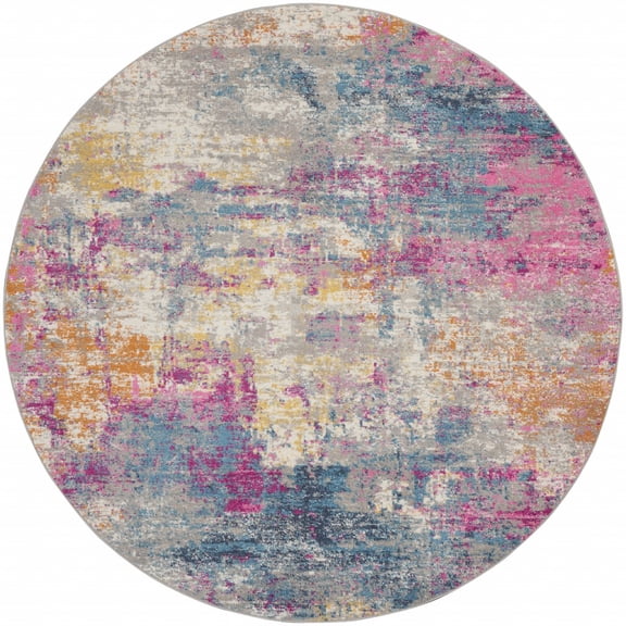 8â€™ Round Ivory and Multi Abstract Area Rug