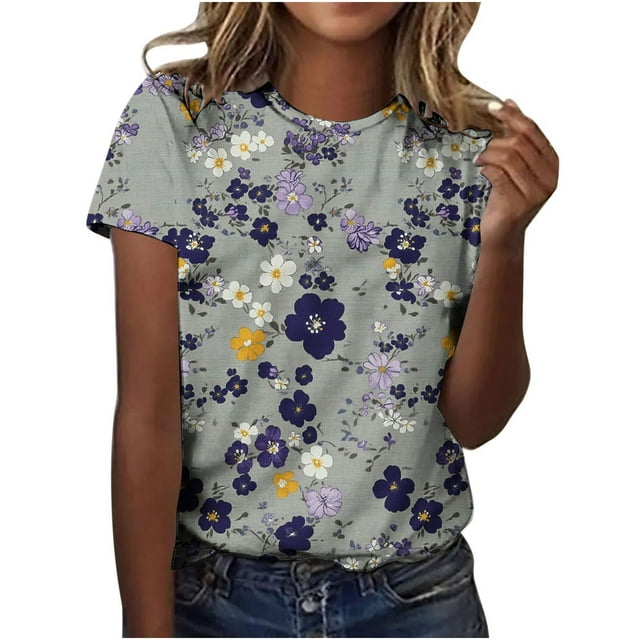 Pisexur Hauts d'Été pour Femmes, Blouses Habillées Décontractées pour Femmes, Hauts à la Mode pour Femmes, Chandail Décontracté Imprimé à Manches Courtes Col Rond, Grande Taille pour Femmes Multicolore, m