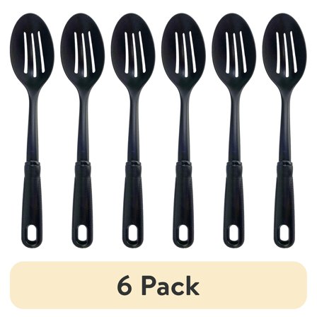 (6 pack) Slotted Plastic Straining Spoon, Soft-Grip Black Handle, Nylon Head