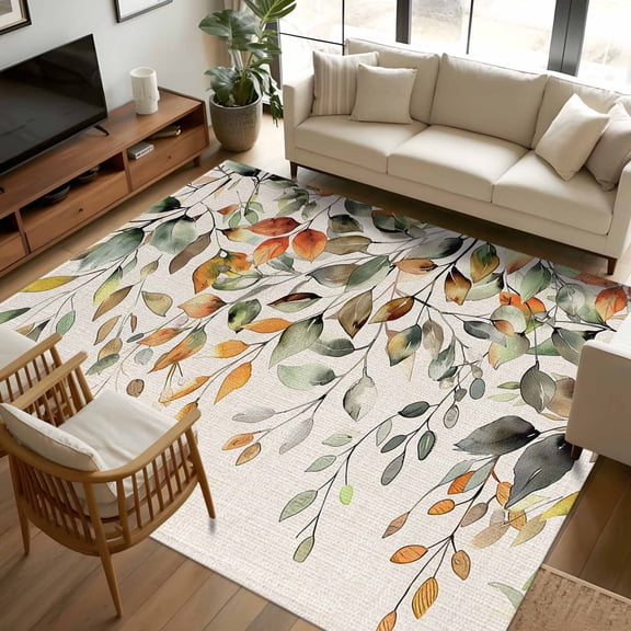 8x10 Area Rugs Orange Green Eucalyptus Leaves Non-Skid Rubber Backing Large Rectangle Rugs - Living Room Bedroom Home Office, Fall Botanical Rustic Indoor Floor Mat Carpets Washable Rug