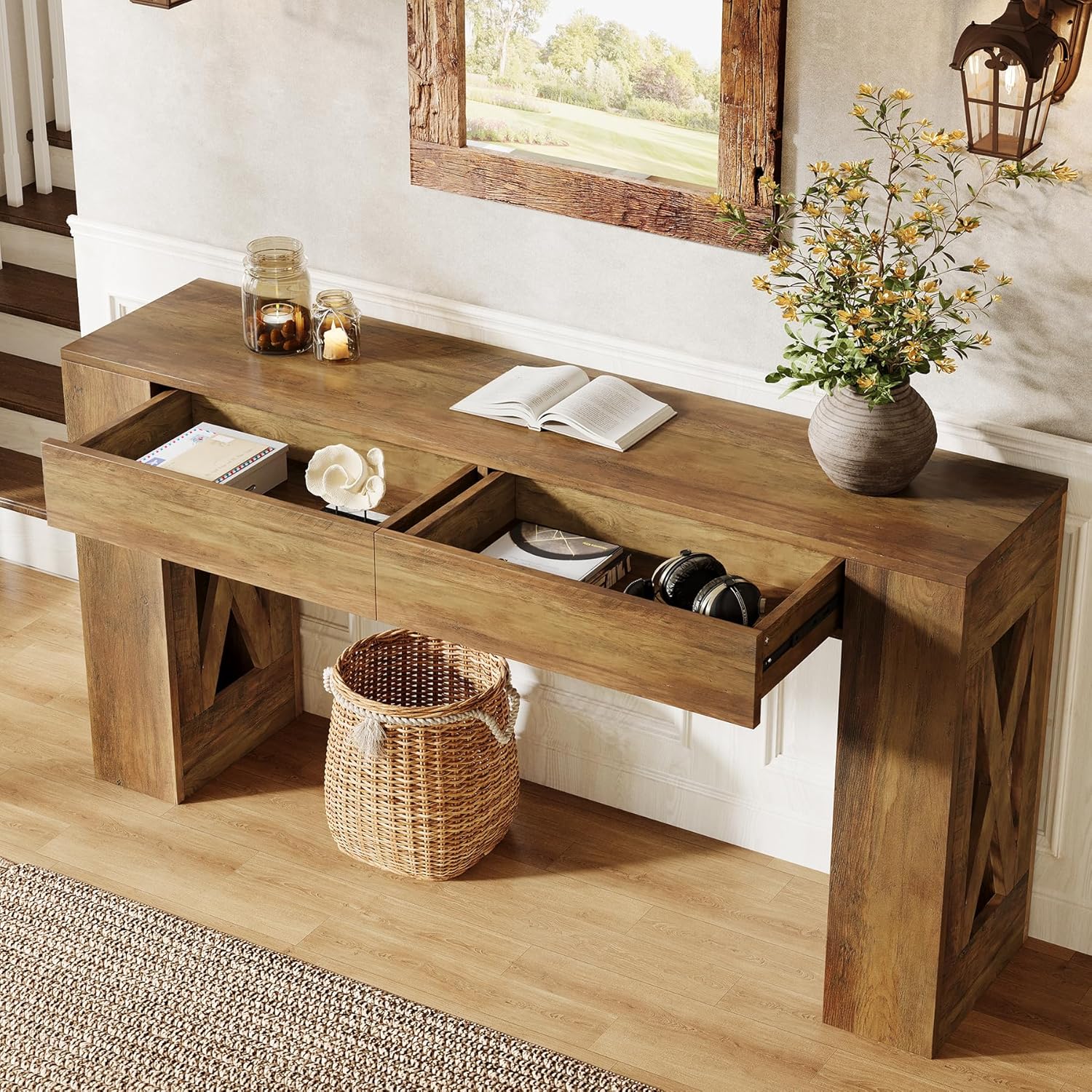 Tribesigns 63-Inch Long Console Table, Farmhouse Entryway Table with 2 Drawers and X-Shaped Legs for Entrance, Warm Brown