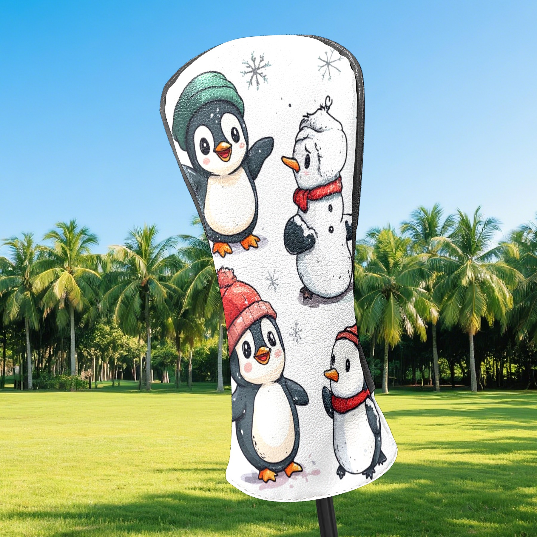 Golf Head Covers Winter Penguins Design for Driver, Wood & Hybrid, Premium Waterproof PU Leather with Plush Lining, Festive Winter Golf Gifts