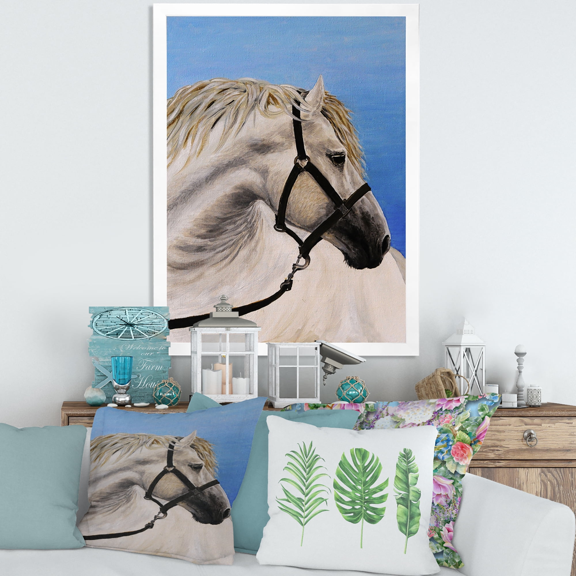 Designart 'Close Up Of White Horse In The Furrow' Farmhouse Framed Art Print