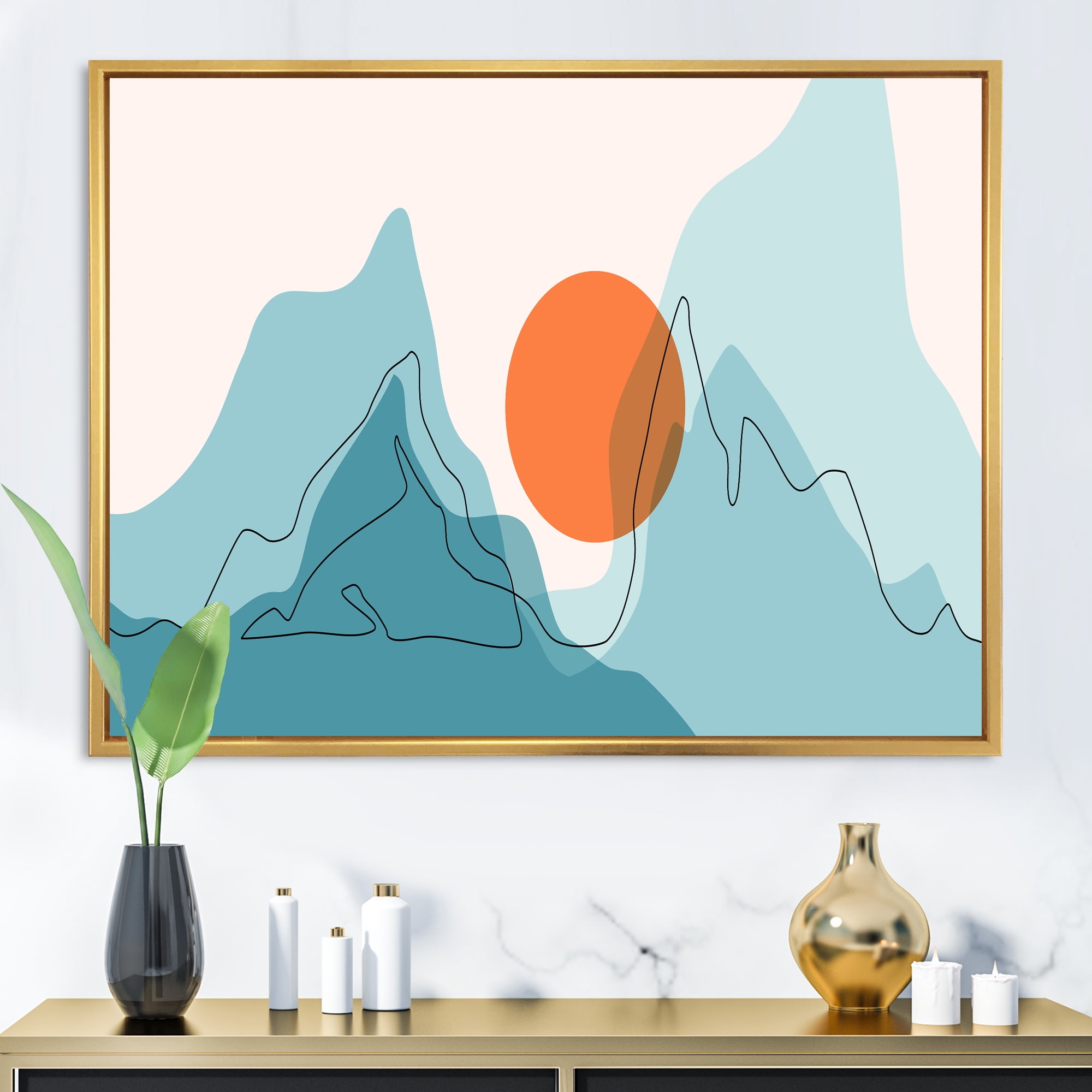 Designart 'Abstract Blue Mountains With Red Moon I' Modern Framed Canvas Wall Art Print