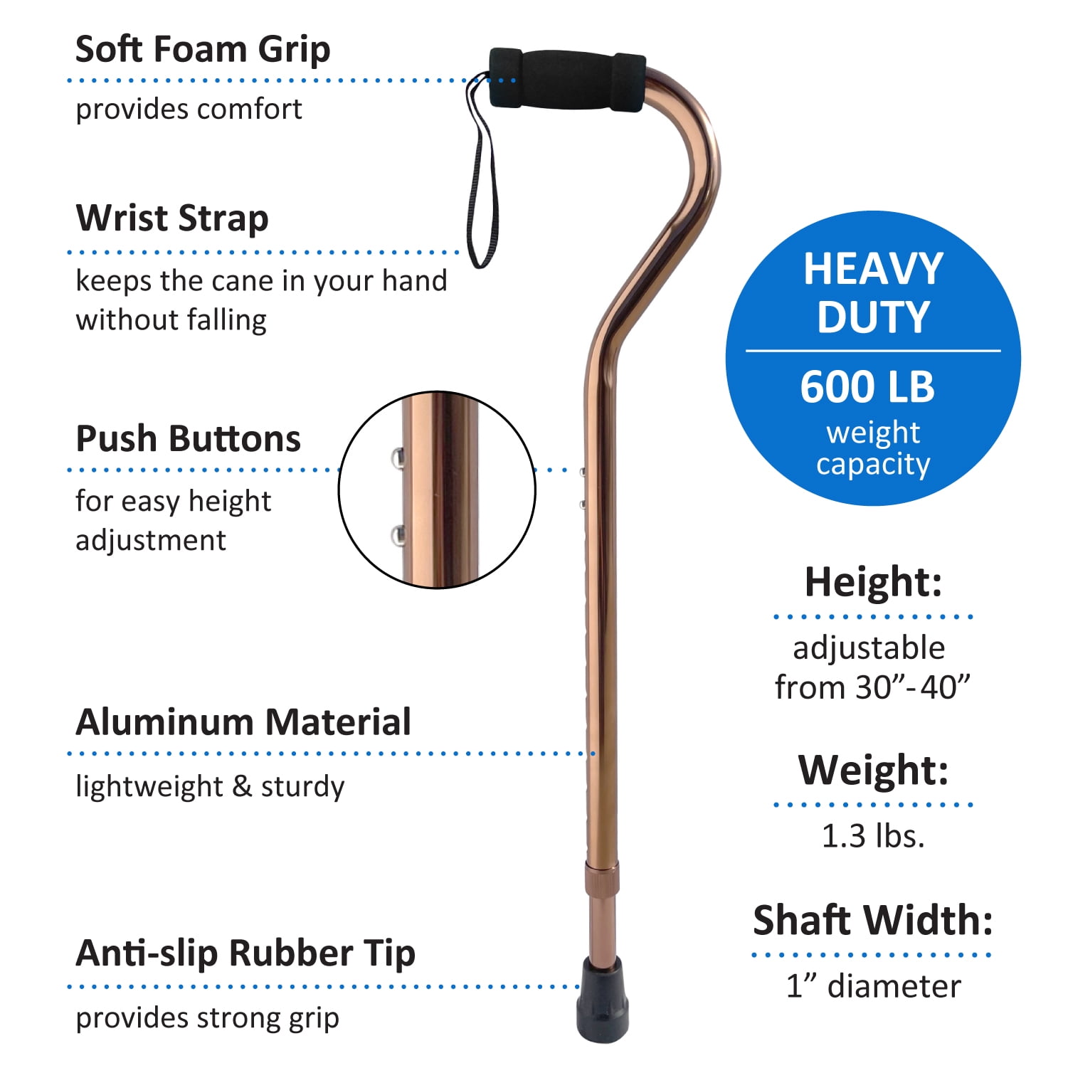 Sky Med Bronze Aluminum Lightweight Bariatric Heavy Duty Cane-600lbs Weight Capacity, for Women, 1.3 lbs., Soft Handgrip, Carrying Strap, Offset Handle