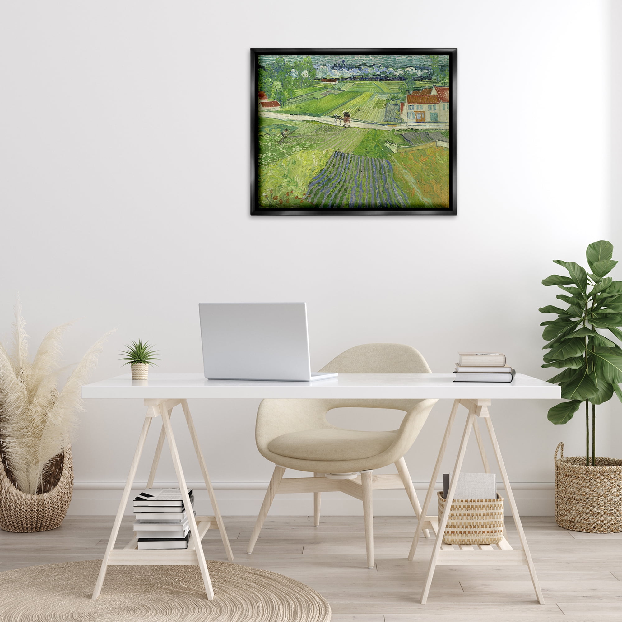 Stupell Industries Van Gogh Carriage & Train Landscape Landscape & Nature Painting Black Floater Framed Canvas Art Print Wall Art, 31 x 25