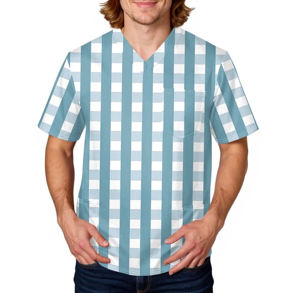 Domuza Scrub Tops Men Plaid Stripe Printed Short Sleeve V Neck Work Uniform Loose Fit Comfy Soft Medical Scrub Tops with 3 Pockets Blue 3XL