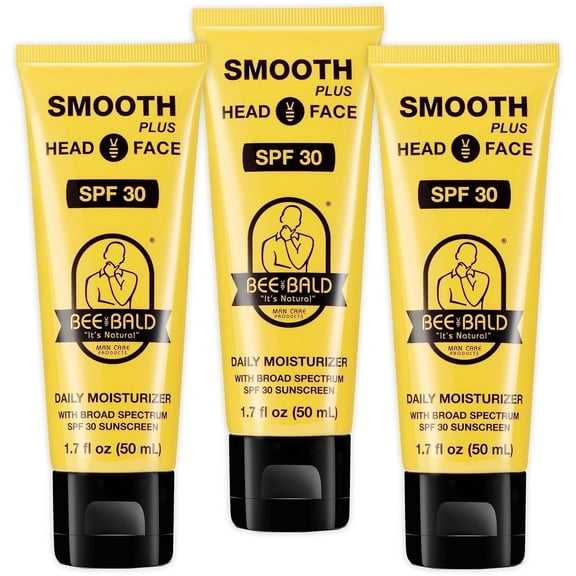 Bee Bald SMOOTH PLUS Head & Face Moisturizer with SPF 30 Sunscreen Lotion Protecting Skin From Harmful UVA/UVB Rays While Hydrating, Moisturizing and Toning, 1.7 Fl Oz (Pack of 3)
