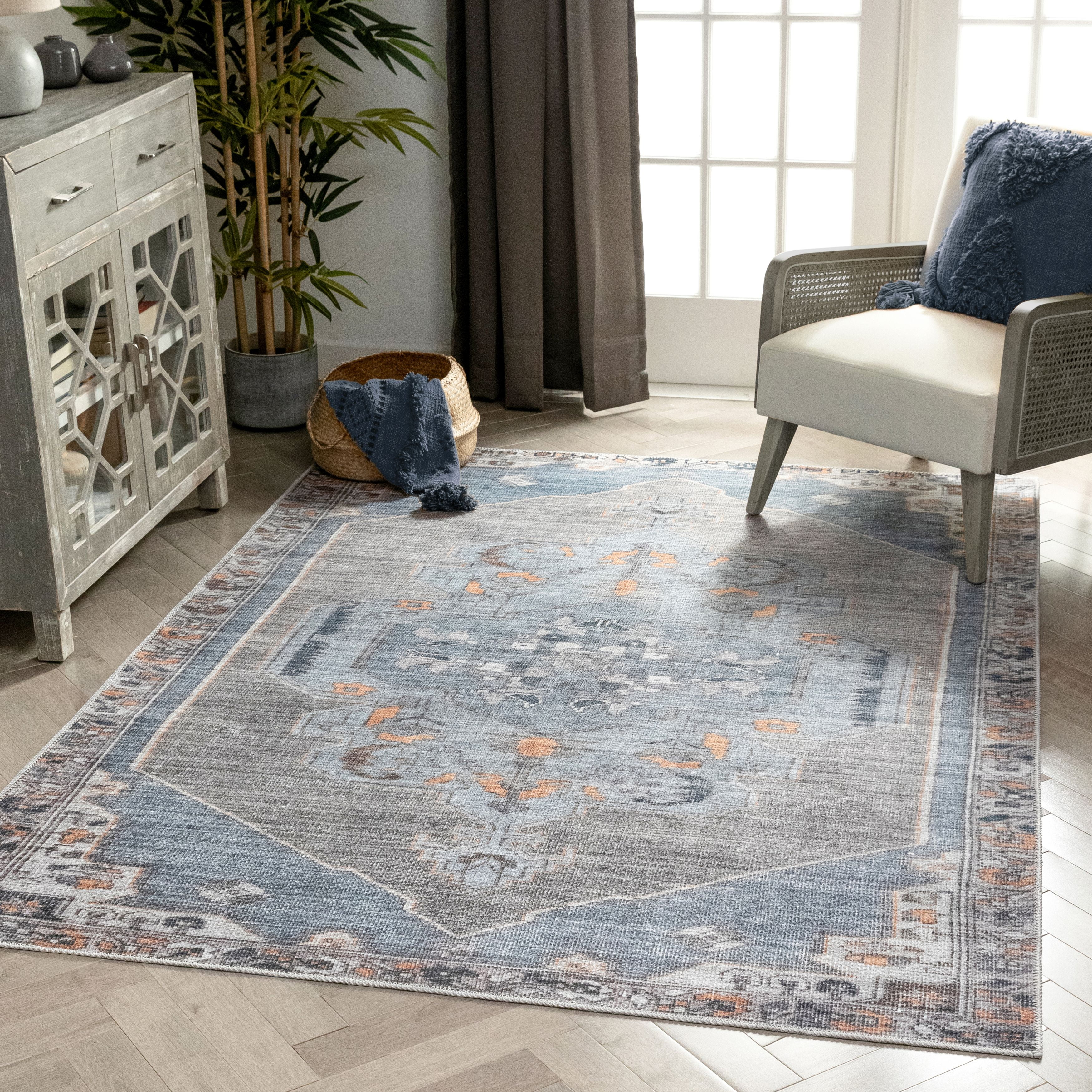 Blue Transitional Living Room Rug Vintage Flat Woven Area Rugs Traditional Rugs 