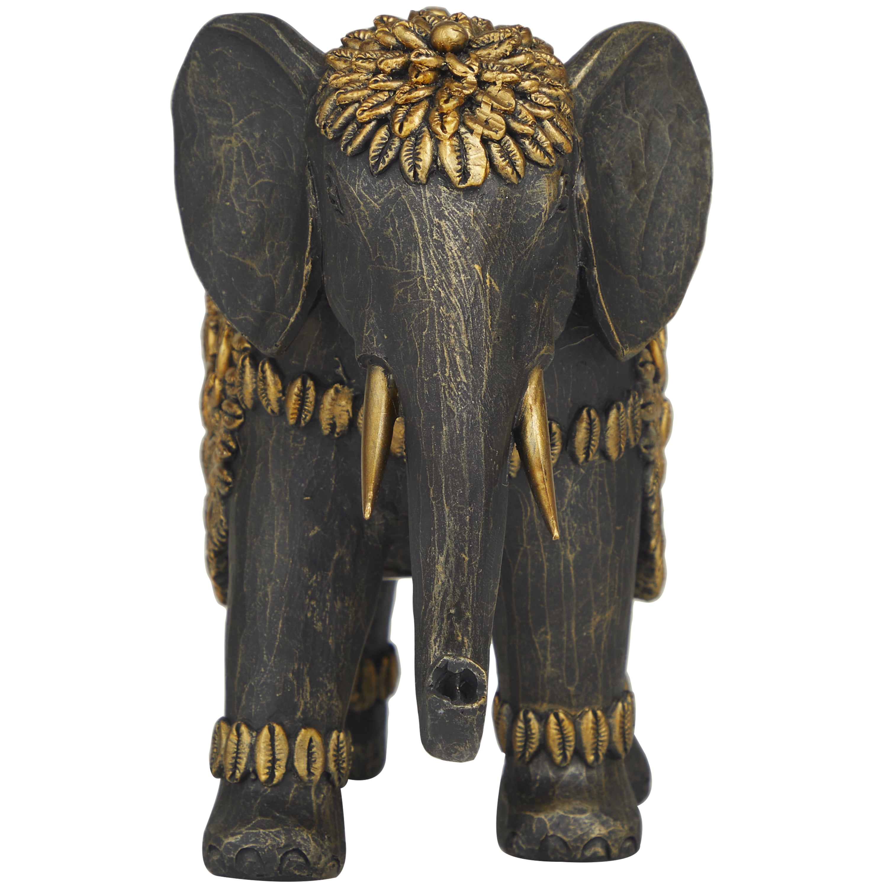 5" x 7" Black Polystone Elephant Sculpture with Cowrie Shell Carvings, by DecMode