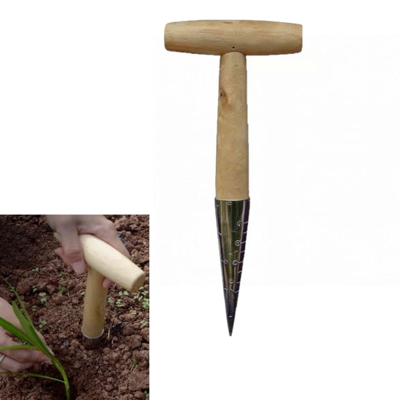 Hand Dibber with Wooden Handle, 11" Hand Held Bulb Planter, Essential Dibber Gardening Tool for Planting and Bulb Transplanting
