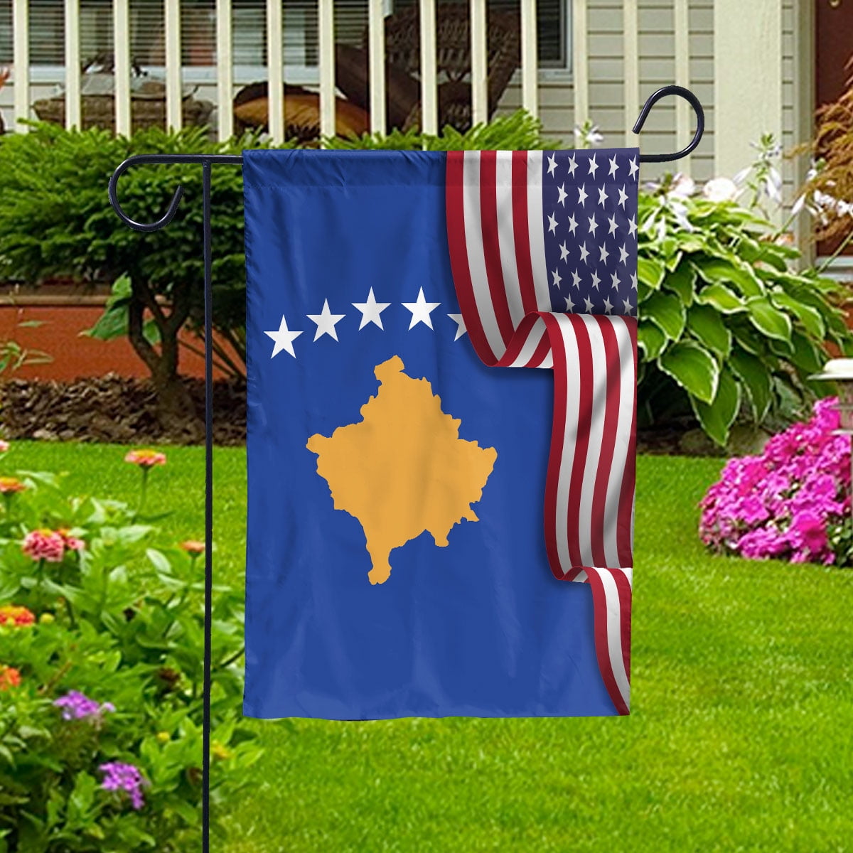 Flag Waving American Flag Kosovar Kosovo U.S.A Friendship Patriotic Proud House Flag, Double-Sided Decorative Outdoor Flag, Patriotic Polyester Yard Flag 29.5 x 39.5 in