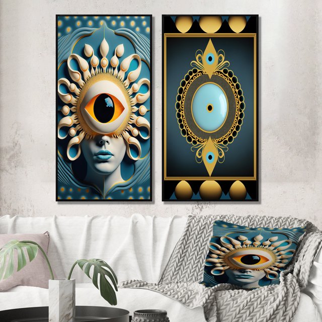 Designart "Radiant Eye Captures the Beholder II" Modern Abstract Framed Wall Art Set Of 2 - Traditional Blue Frame Gallery Set For Office Decor