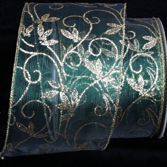 The Ribbon People Hunter Green and Gold Kampai Swirl Wired Craft Ribbon 4" x 20 Yards