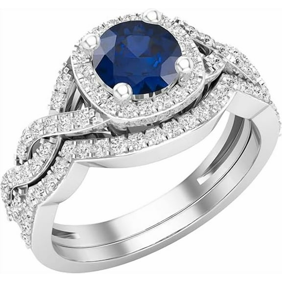 Gems Jewels 14K White Gold Plated 925 Sterling Silver 2.50 Ct Round Cut Blue Sapphire Engagement Wedding Christmas Thanksgiving Bridal Ring Set For Women's -6