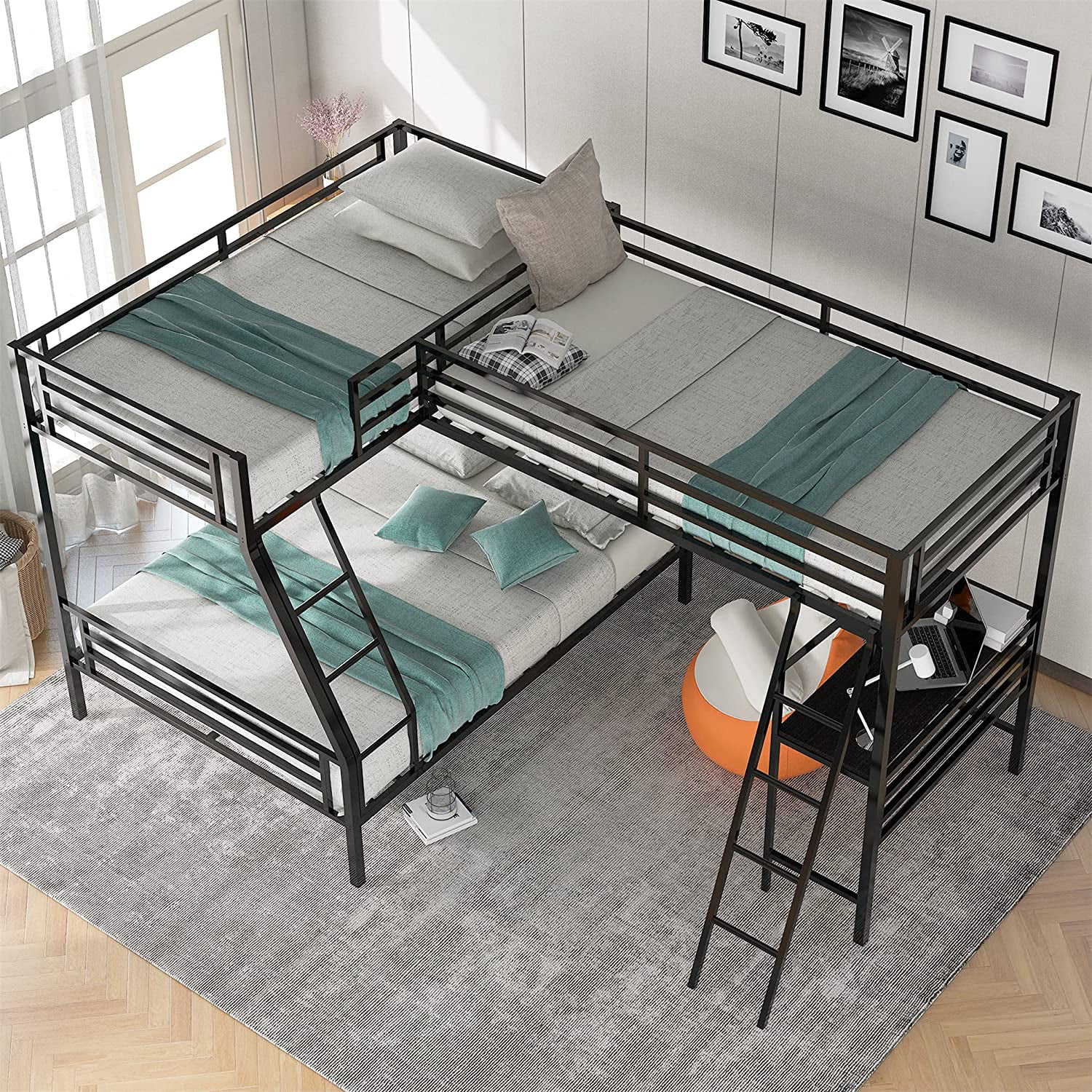 Metal Triple Bunk Beds With Desk Twin, L Shaped Triple Bunk Bed With Desk