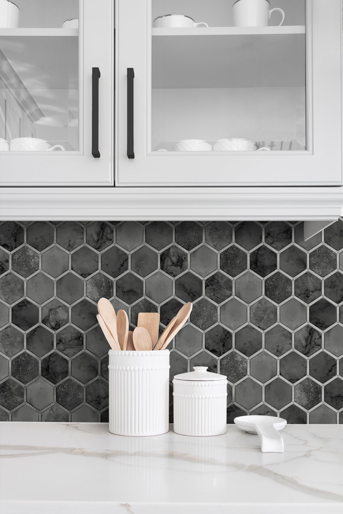 NextWall Cosmic Black & Metallic Silver Inlay Hexagon Peel and Stick Wallpaper