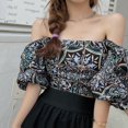 thumbnail image 2 of Ladies Korean Retro Printed One-shoulder Slim Navel Puff Short Sleeve Shirt Topwoner One Size, 2 of 10