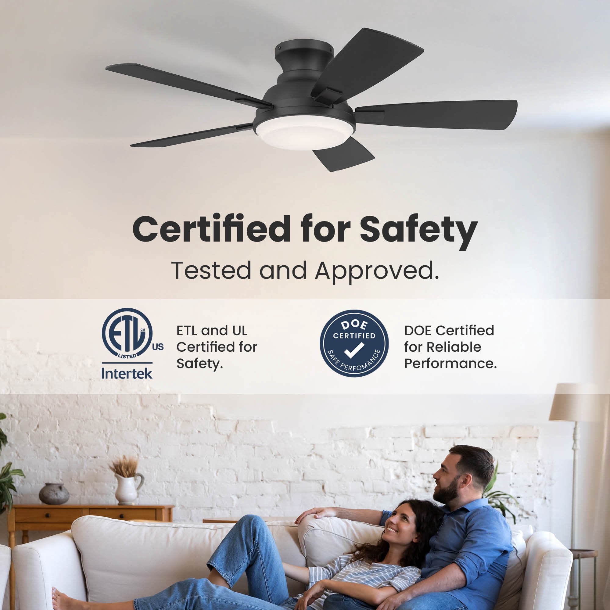 Matte Black 44 Inch Low Profile 5 Blade Indoor Ceiling Fan, Ideal for Bedrooms and Living Rooms, Quiet DC Motor, LED Light with Remote, Eleve Comfort