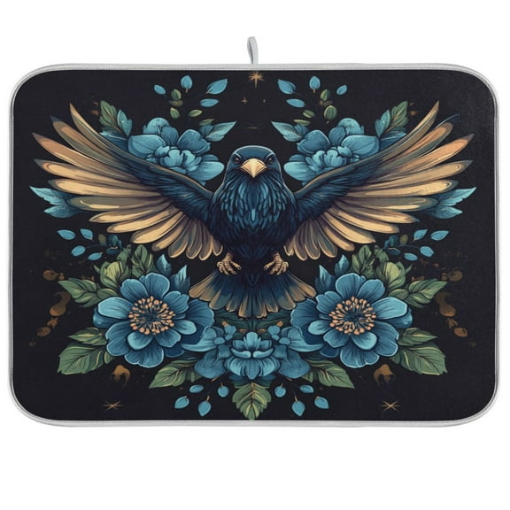 WOBOGO Golden Winged Crow Pattern Kitchen Drying Mat Heat Resistant Drainage with Non-Slip Rubber Backing Hides Stains Super Absorbent Easy to Clean 18×24in