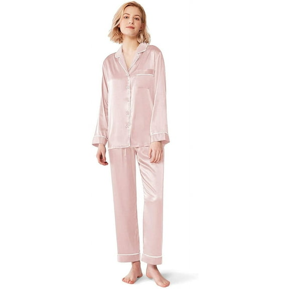 Women Pajamas Set Stain Long Sleeve Silk Pajamas for Womens, Button Down Nightwear Soft Pj Sets,Small~X-Large