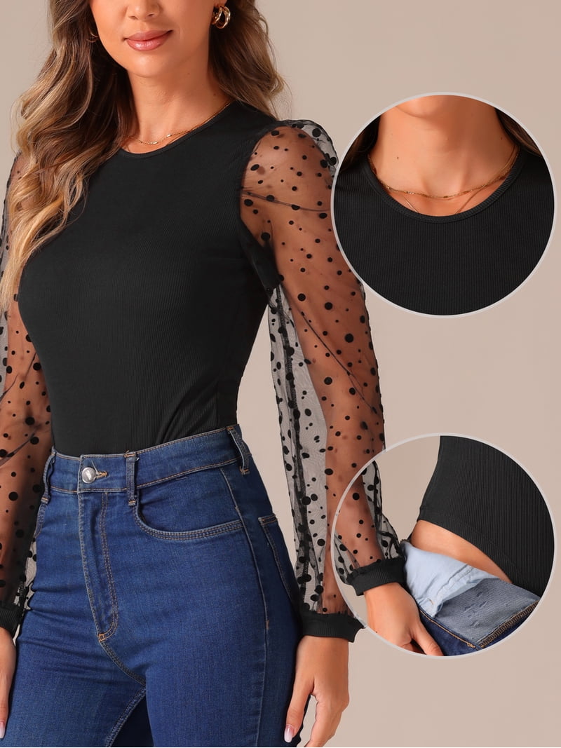 DARING DIVA Polka Dot Sheer Long Sleeve Crew Neck Bodysuit XS