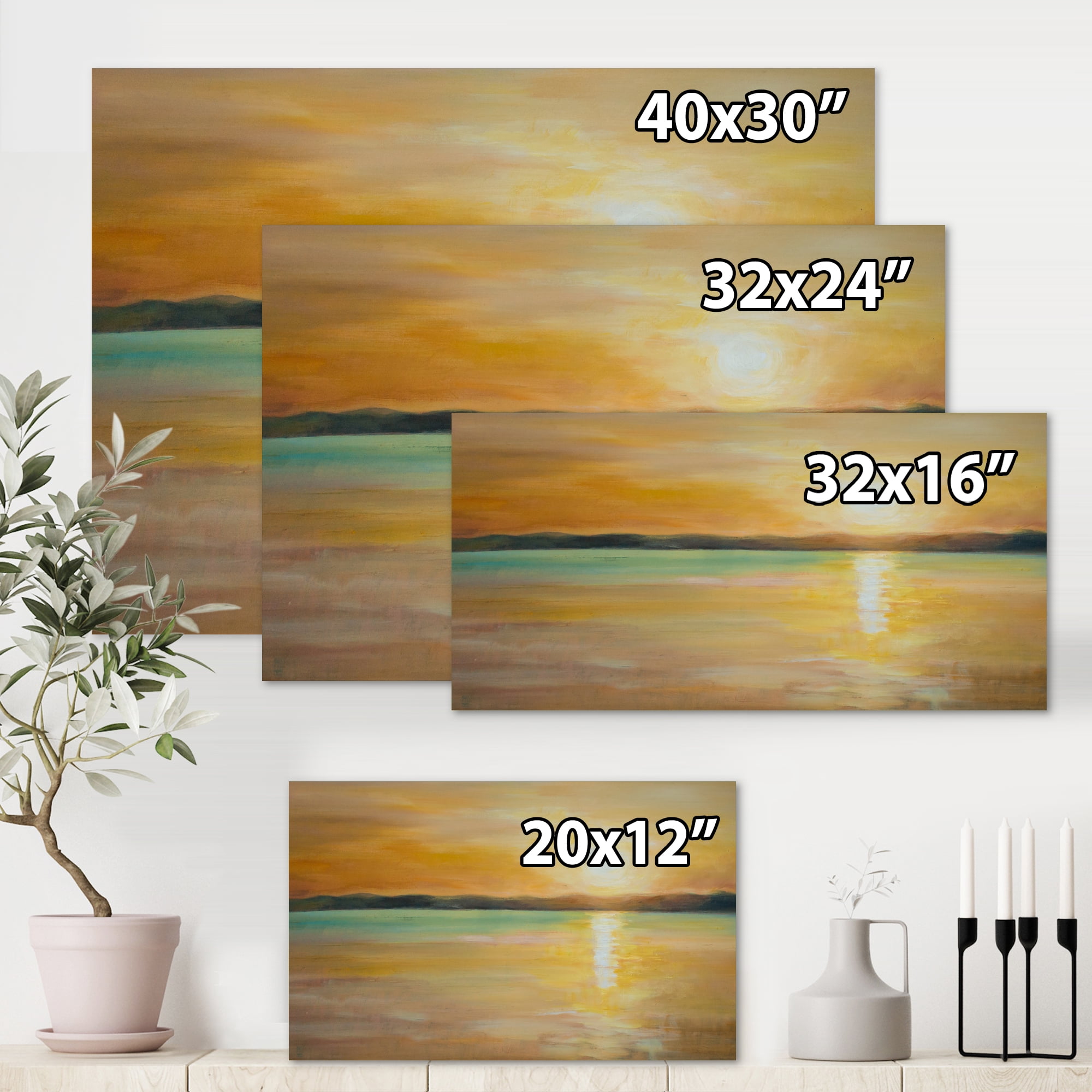 Designart ' Abstract Yellow Sunset At The Horizon ' Nautical & Coastal Canvas Wall Art Print