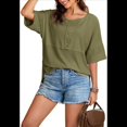 thumbnail image 3 of Blusas de Punto Gofre para Mujer, Moda 2025, Blusas de Patchwork Extragrandes con Cuello Redondo y Mangas 3/4, Verde M, 3 of 6