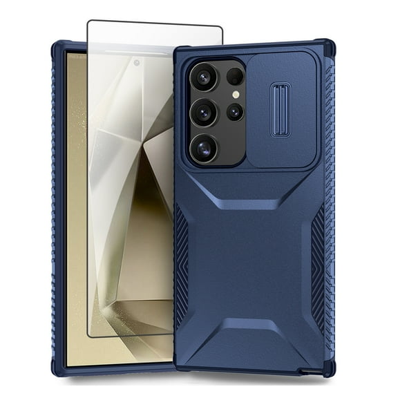 Allytechgroup Galaxy S24 Ultra Rugged Case with Screen Protector, Sliding Camera Lens Protector Bumper Shockproof Anti-Scratch Slim Phone Case Cover for Samsung Galaxy S24 Ultra, Blue