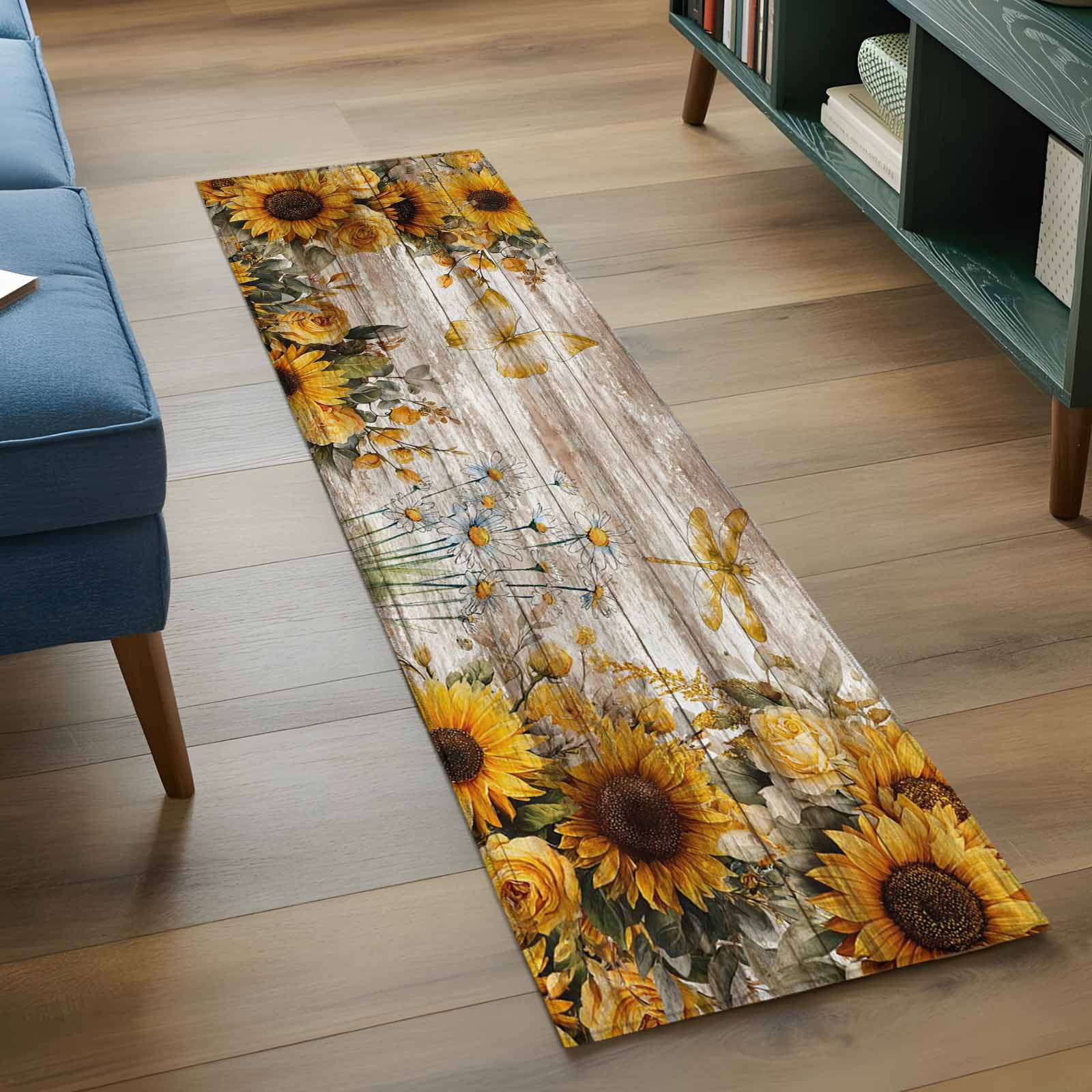 Runner Rug 2'x6', Farmhouse Sunflower Washable Non-Slip Hallway Runner Rugs, Vintage Daisy Butterflies Rustic Wood Bedside Rugs Floor Mats Carpet Runners for Kitchen Bathroom Laundry Room