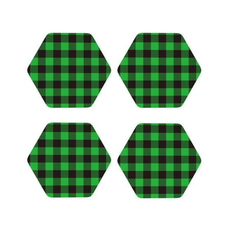 

Fuzoiu Buffalo Plaid Green Black Print Leather Coasters Set Drink Coasters Set of 4 for Tabletop Protection Durable PVC Coasters Home Décor and Housewarming Gift-Hexagon