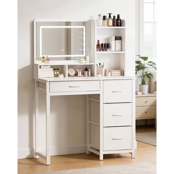 Kitsure Makeup Vanity with Mirror and Lights, White Vanity Desk with Drawers & Shelves, Versatile Small Vanity for Bedroom, 35.4" x 17.7" x 52.4"