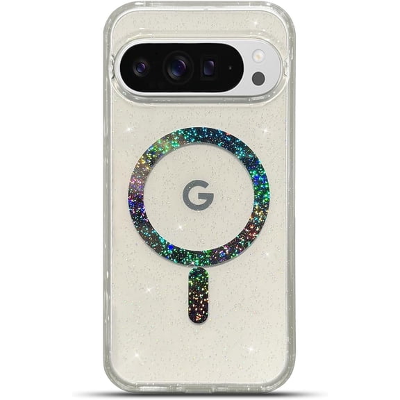 for Google Pixel 9 Pro XL Case Compatible with Magsafe Magnetic Bling Glitter Clear Shiny Sparkle Holographic Laser Star Luxury Military-Grade Shockproof Protect Soft Acrylic Phone Cover for Women