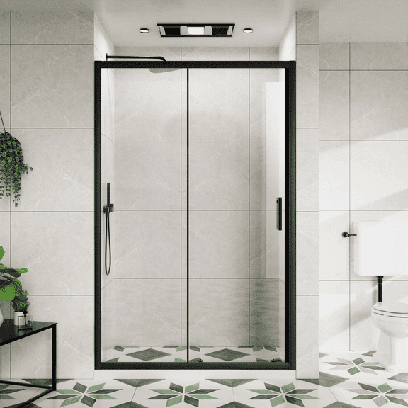 48.in W x 72.in H Single Sliding Shower Door, 1/5 inch Thick Clear Tempered Glass Shower Door With Stainless Steel Handle, Matt Black