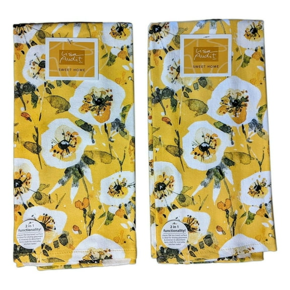 Set of 2 SWEET HOME Yellow Floral Terry Kitchen Towels by Kay Dee Designs